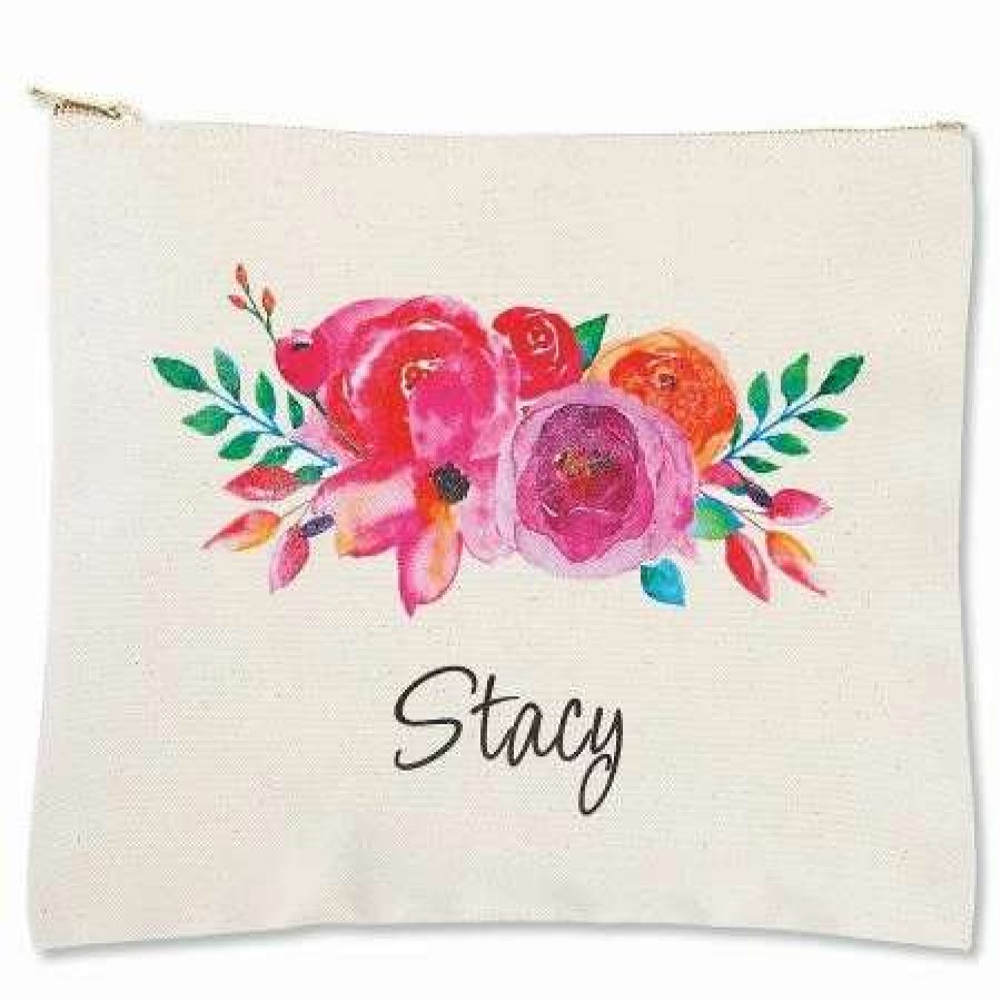 For Home * | Floral Name Zippered Personalized Canvas Pouch