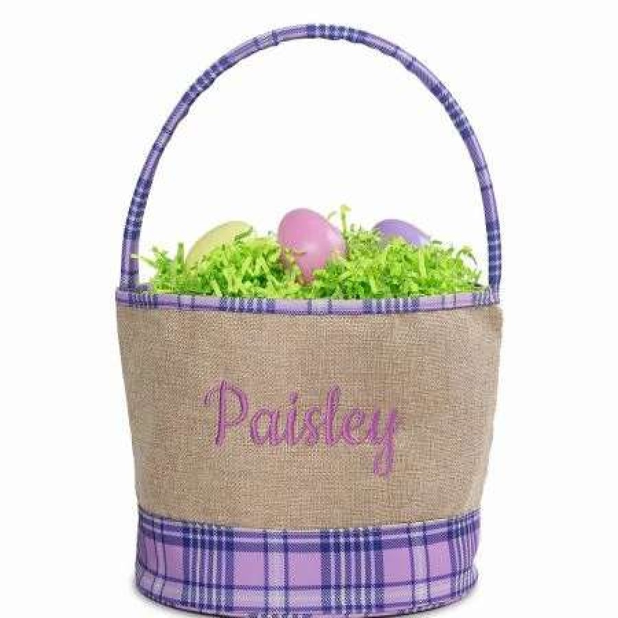 Holidays & Events * | Personalized Burlap Purple Plaid Easter Basket