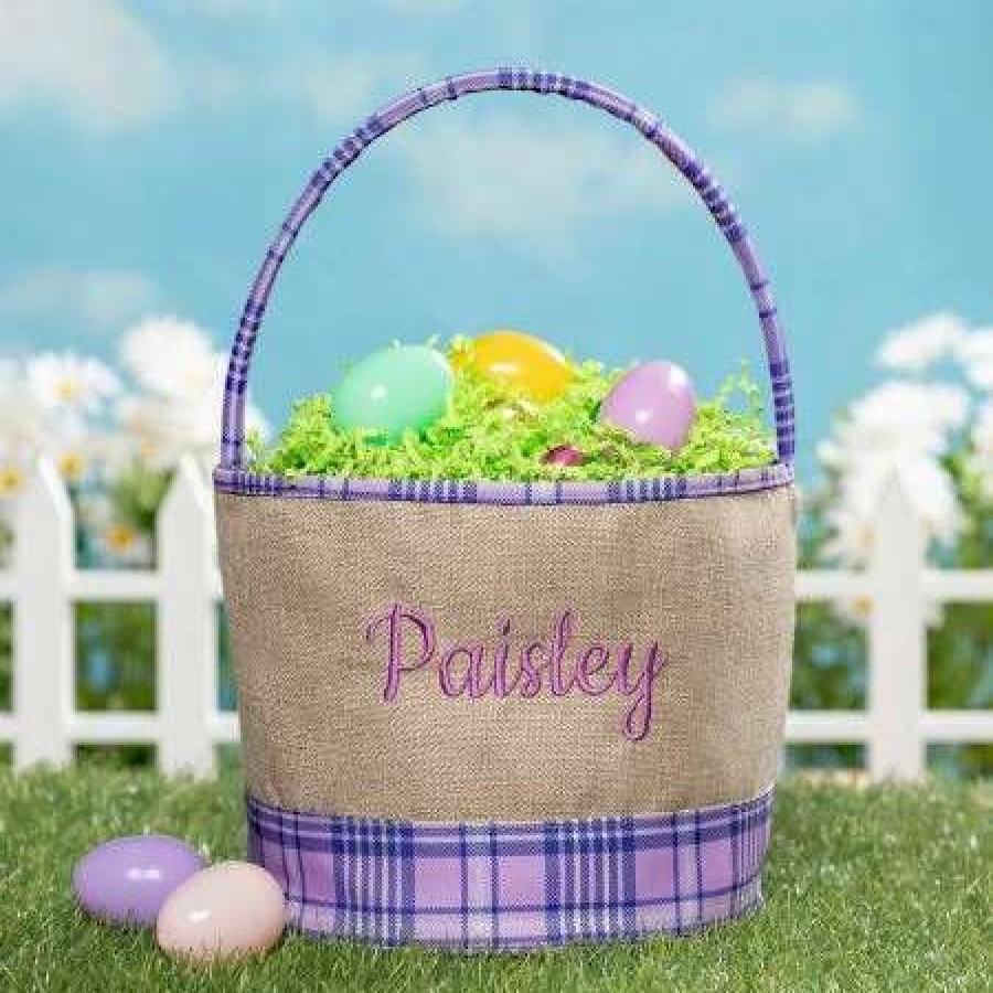 Holidays & Events * | Personalized Burlap Purple Plaid Easter Basket