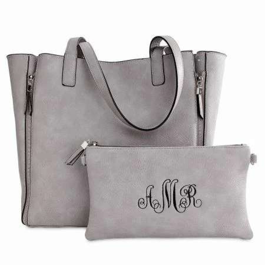 For Home * | Gray Carry-All Nora Tote Bag With Matching Personalized Crossbody Purse