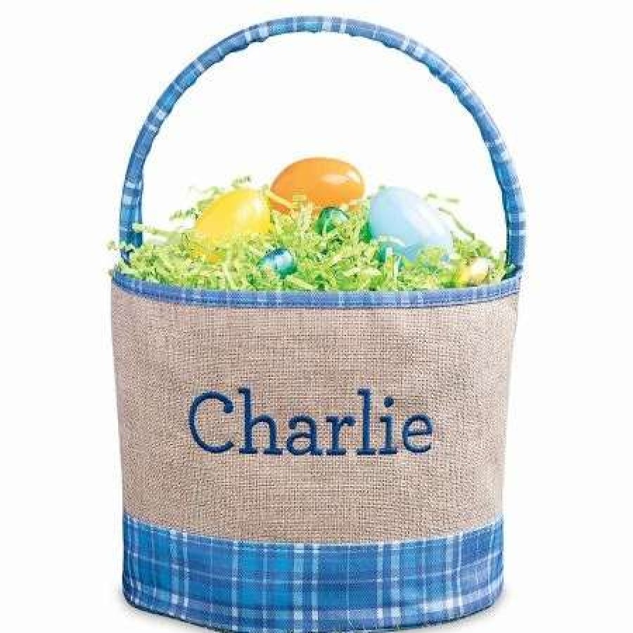 Holidays & Events * | Personalized Blue Burlap & Gingham Easter Basket