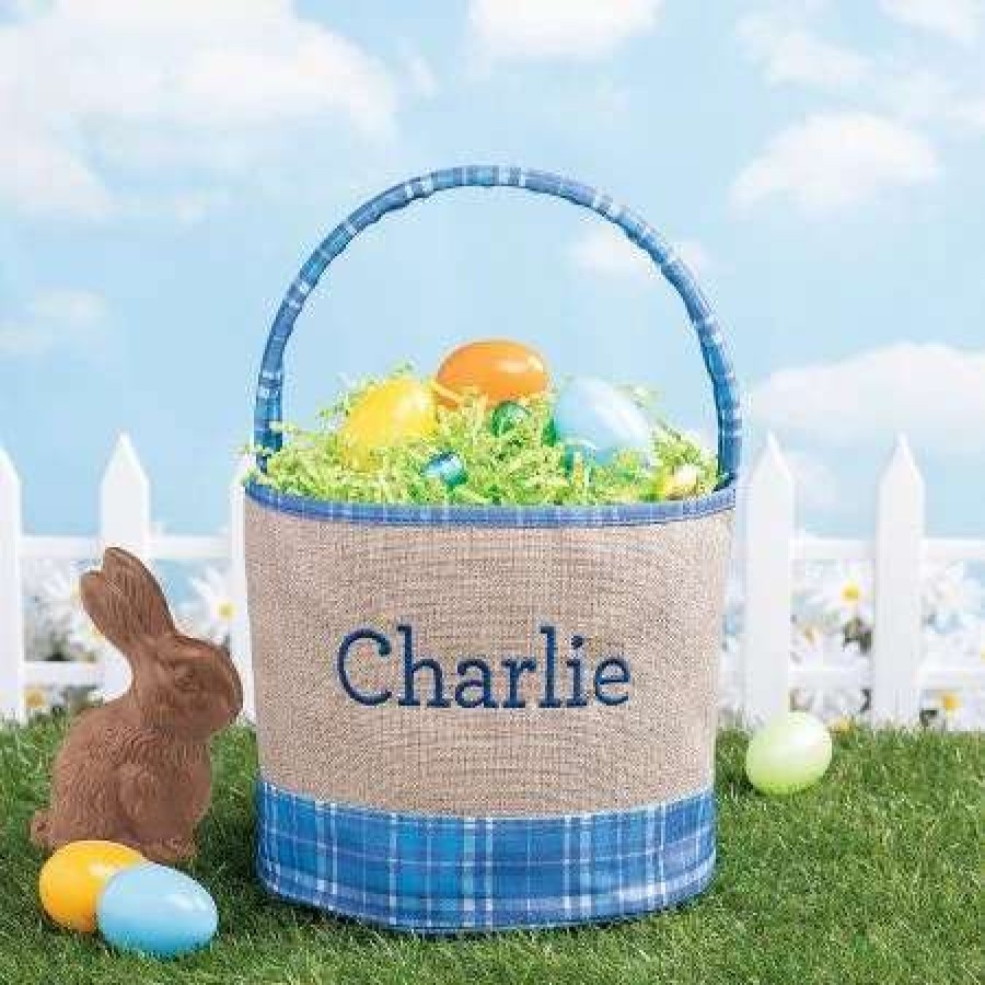 Holidays & Events * | Personalized Blue Burlap & Gingham Easter Basket