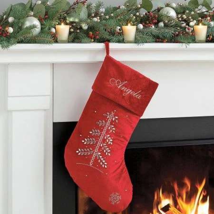 For Kids * | Red Velvet Beaded Tree Personalized Christmas Stocking