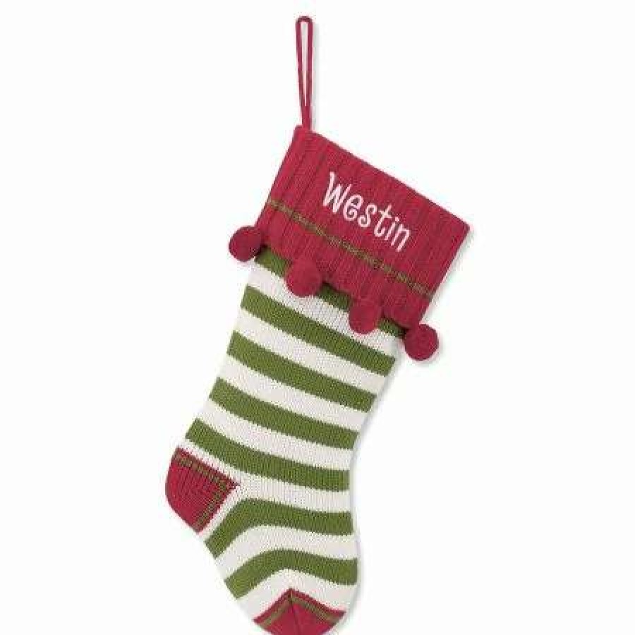 For Kids * | Green Striped Knit Personalized Christmas Stocking