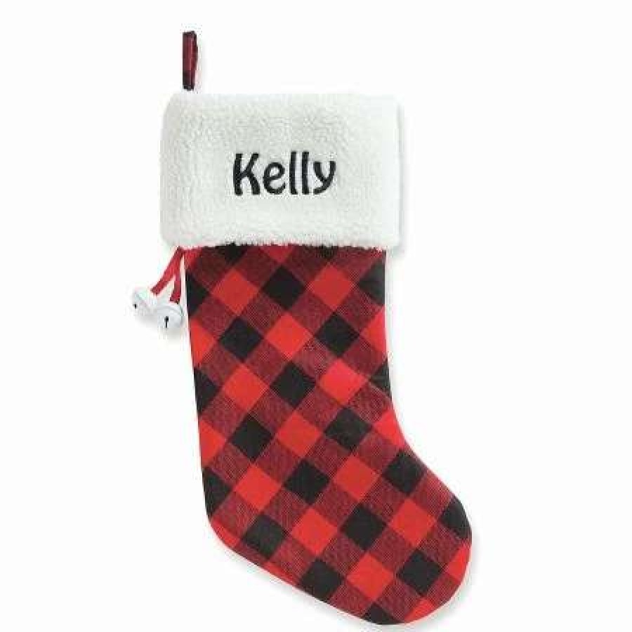 For Kids * | White Cuff Buffalo Plaid Personalized Christmas Stocking