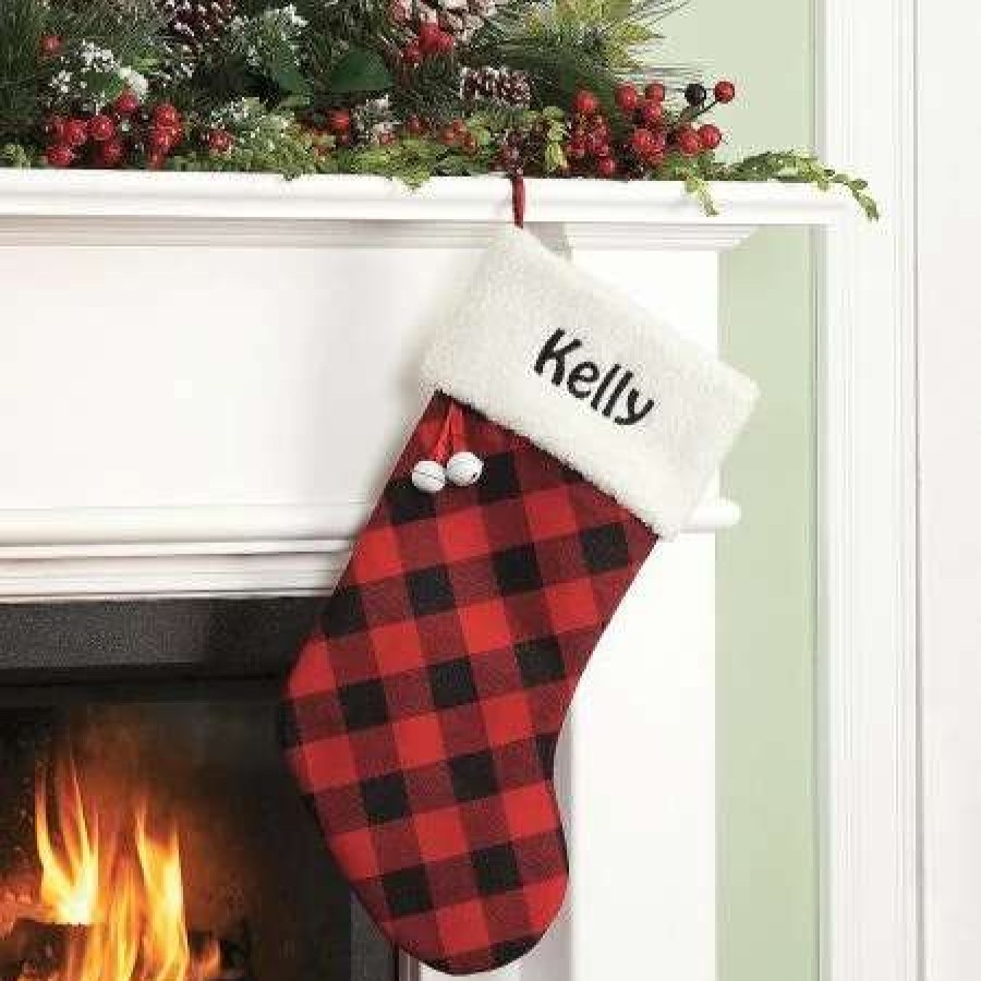 For Kids * | White Cuff Buffalo Plaid Personalized Christmas Stocking