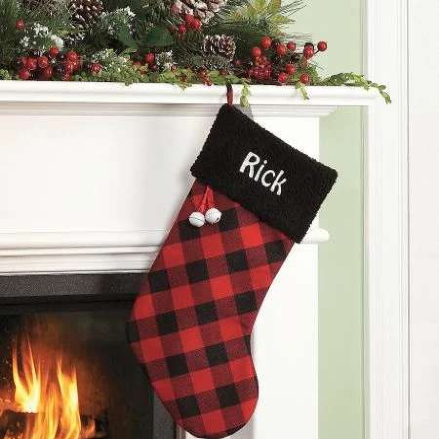 For Kids * | Black Cuff Buffalo Plaid Personalized Christmas Stocking