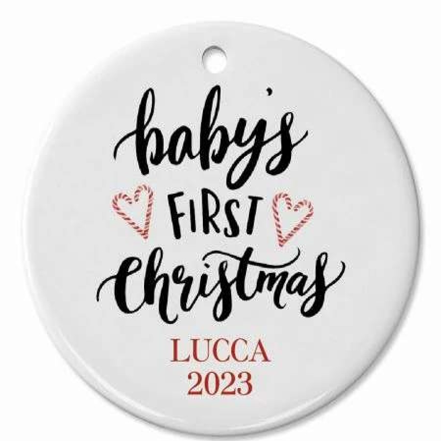 Gifts * | Baby'S First Christmas Candy Cane Ceramic Personalized Christmas Ornament