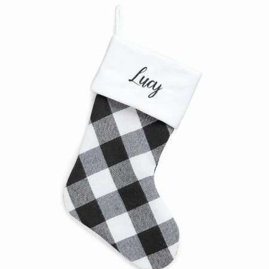 For Kids * | White Cuff Black And White Checker Personalized Christmas Stocking