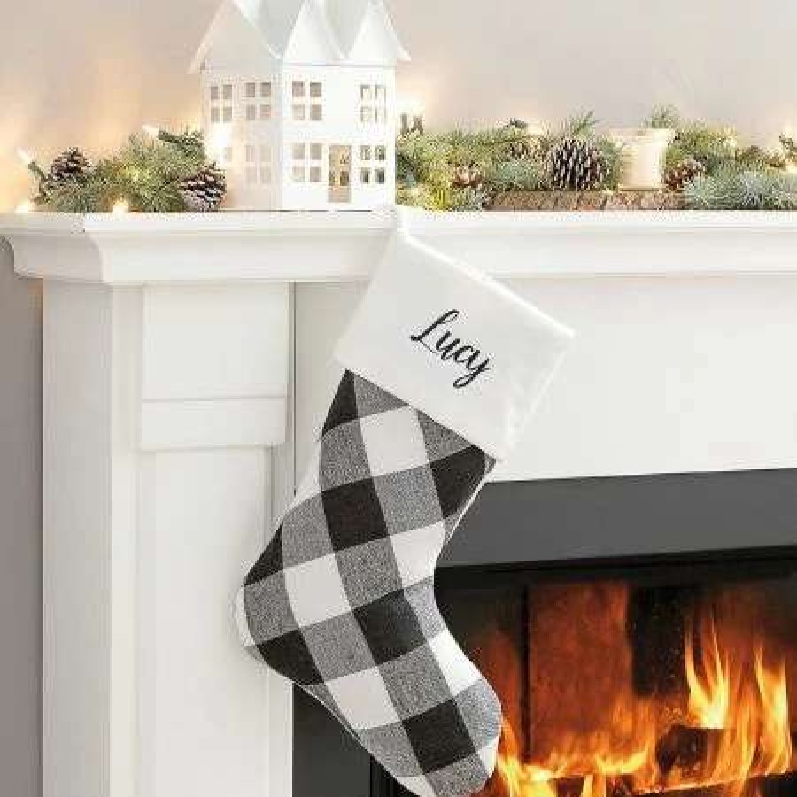 For Kids * | White Cuff Black And White Checker Personalized Christmas Stocking