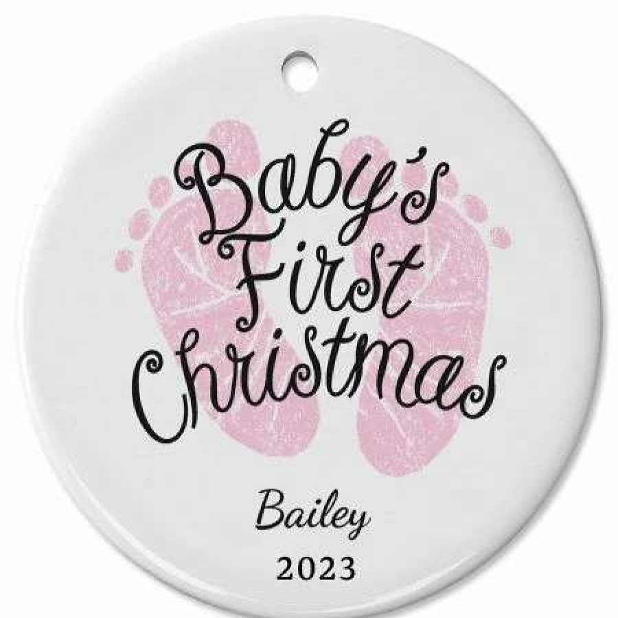 Gifts * | Baby Girl'S First Ceramic Personalized Christmas Ornament