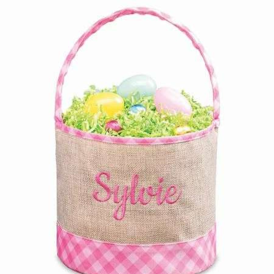 Holidays & Events * | Personalized Pink Burlap & Gingham Easter Basket