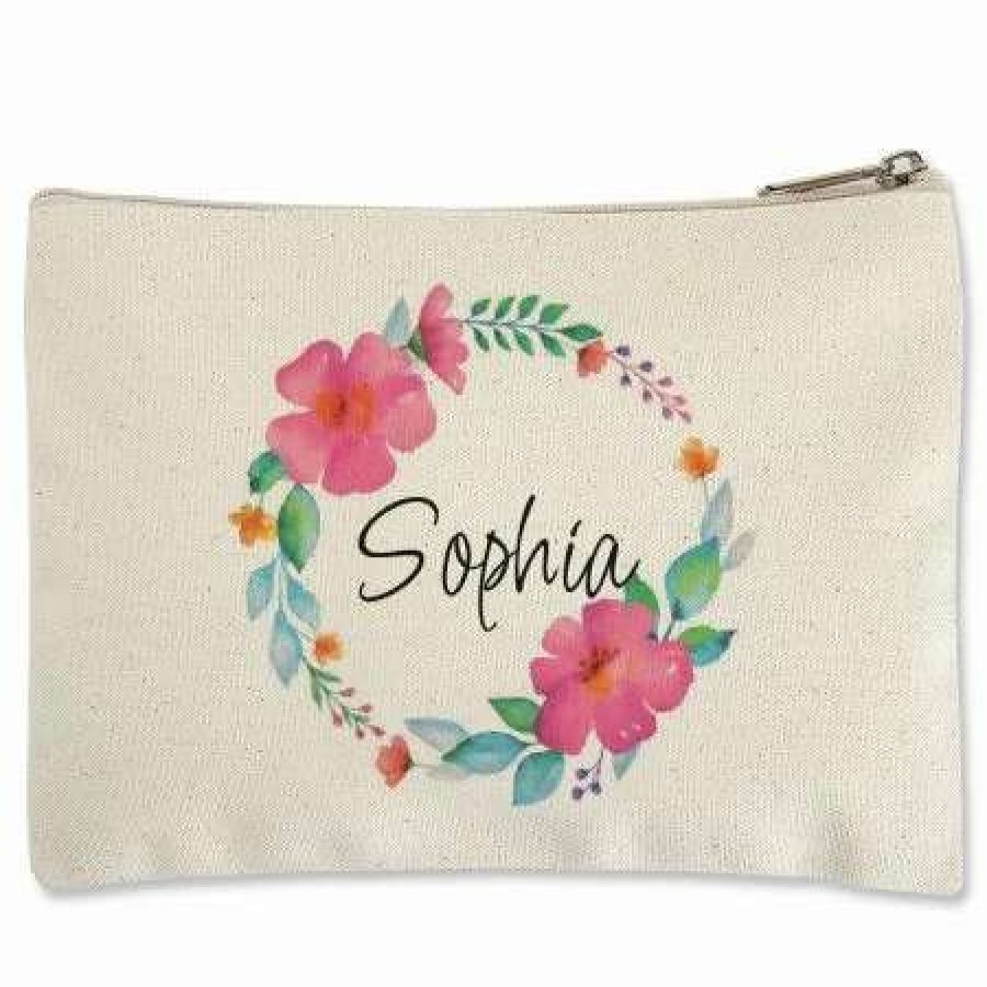 For Home * | Name In Wreath Zippered Personalized Canvas Pouch