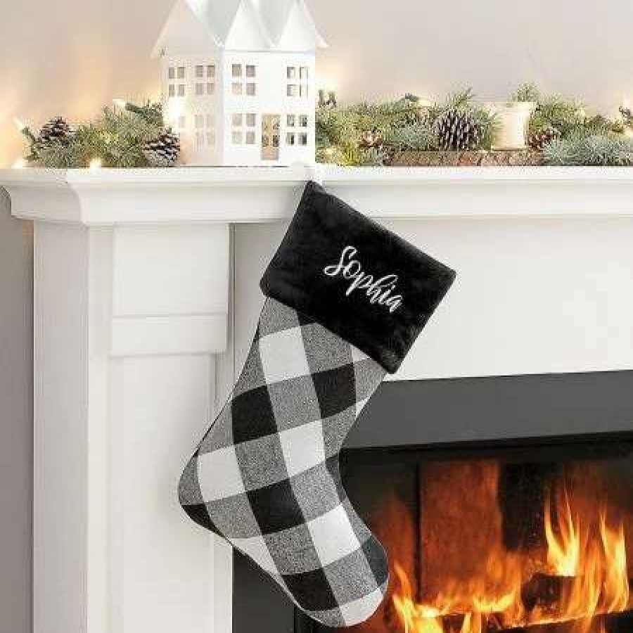 For Kids * | Black Cuff Black And White Checker Personalized Christmas Stocking