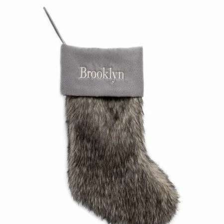 For Kids * | Gray Faux Fur Personalized Christmas Stocking