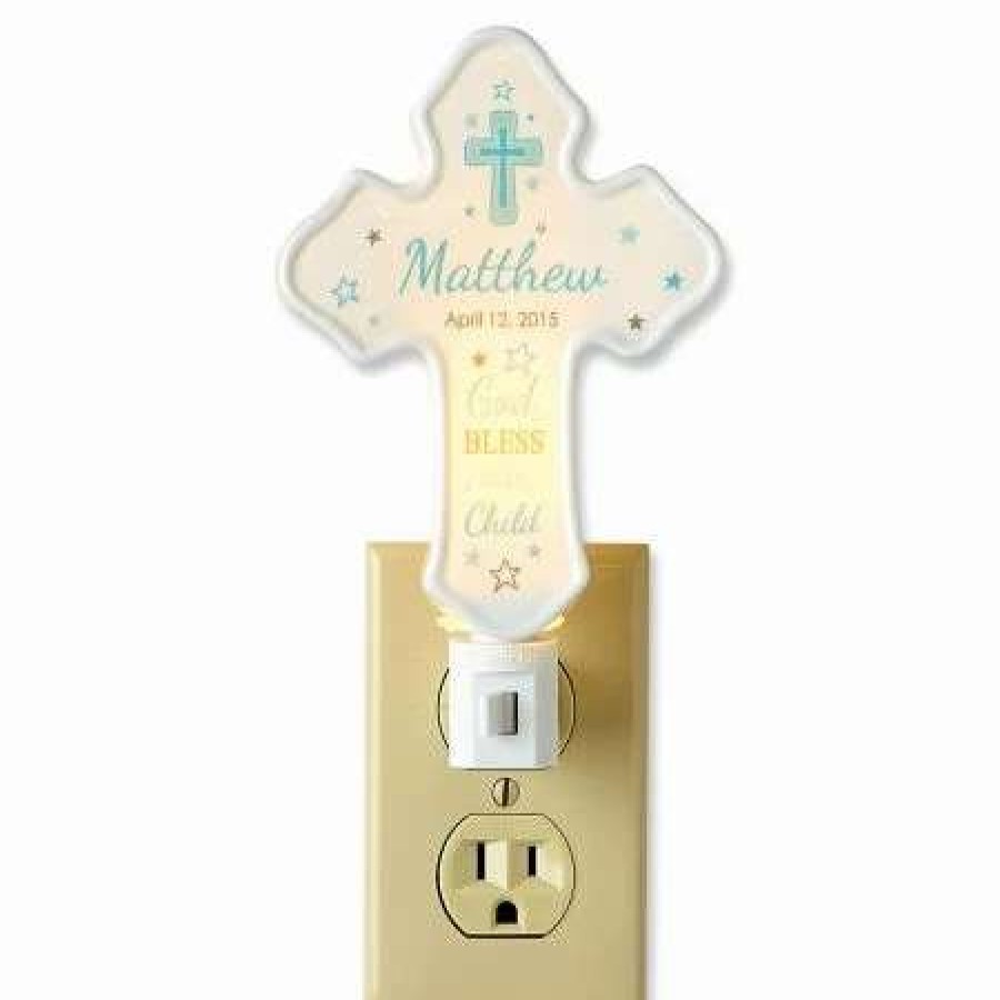 For Home * | Bless This Child Cross Blue Personalized Nightlight