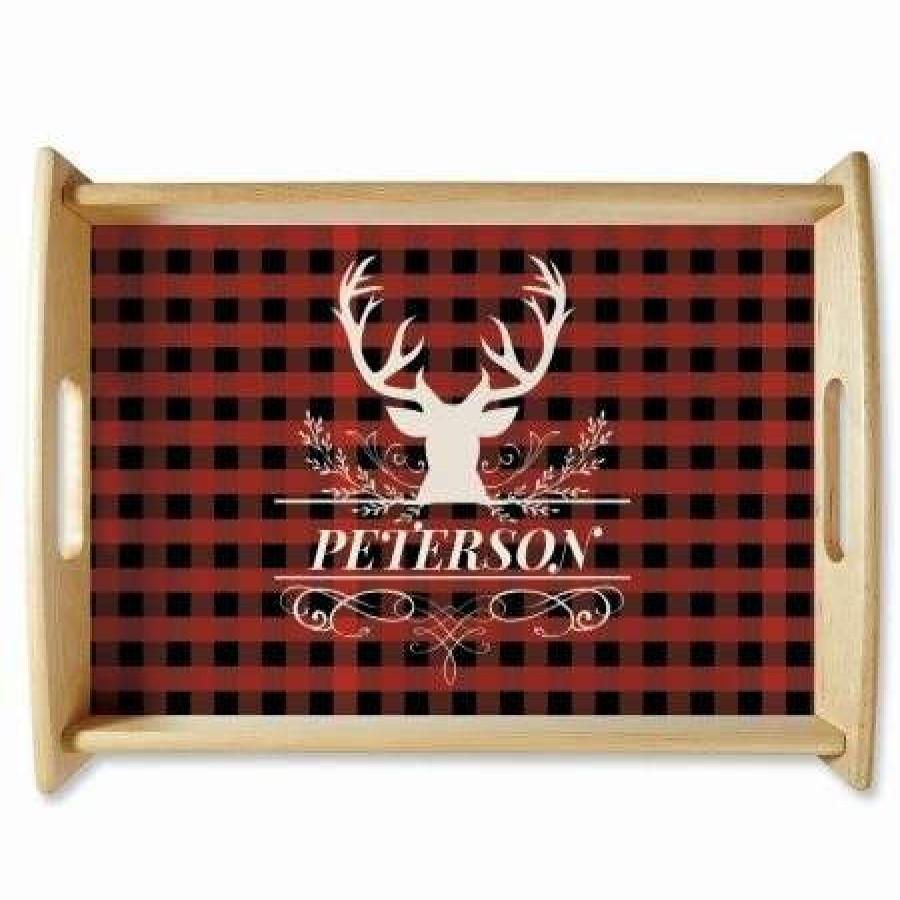 For Home * | Buffalo Plaid Natural Wood Personalized Serving Tray