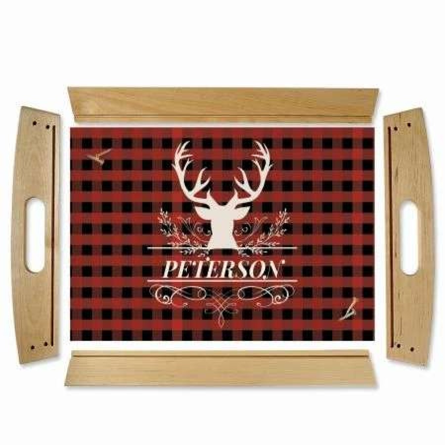 For Home * | Buffalo Plaid Natural Wood Personalized Serving Tray