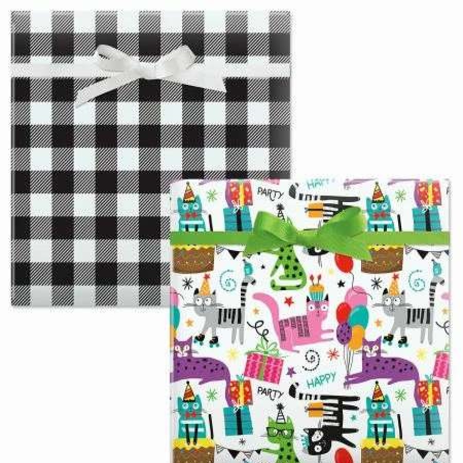 Wrapping Paper * | Birthday Cats/Black And White Plaid Birthday Jumbo Rolled Gift Wrap