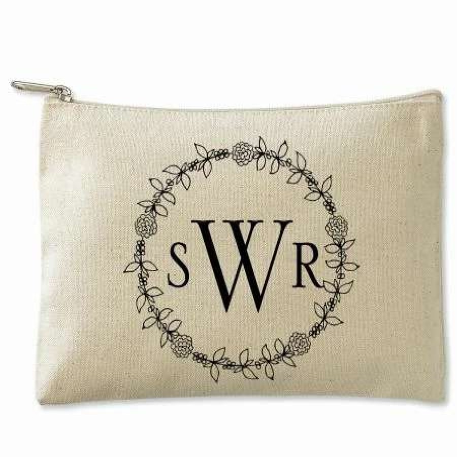 For Home * | Wreath Monogram Zippered Personalized Canvas Pouch