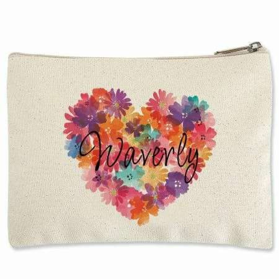 For Home * | Floral Heart Zippered Personalized Canvas Pouch