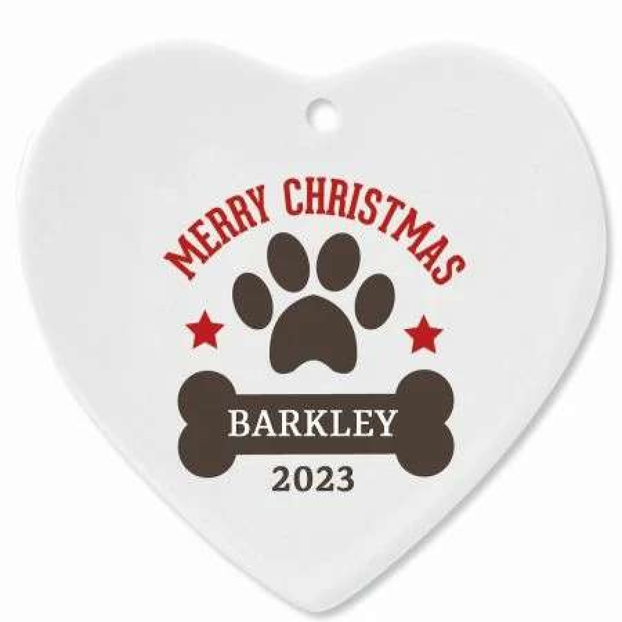 Gifts * | Paw Print And Bone Heart Pet Ceramic Personalized Christmas Ornament