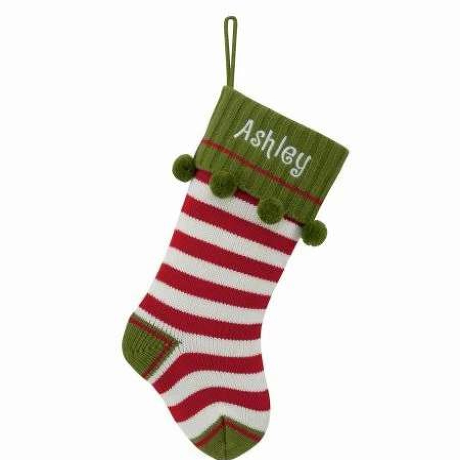 For Kids * | Red Striped Knit Personalized Christmas Stocking