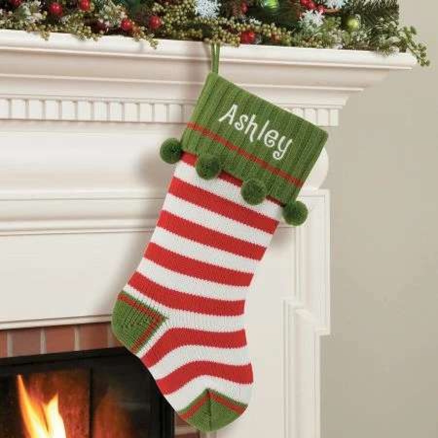 For Kids * | Red Striped Knit Personalized Christmas Stocking