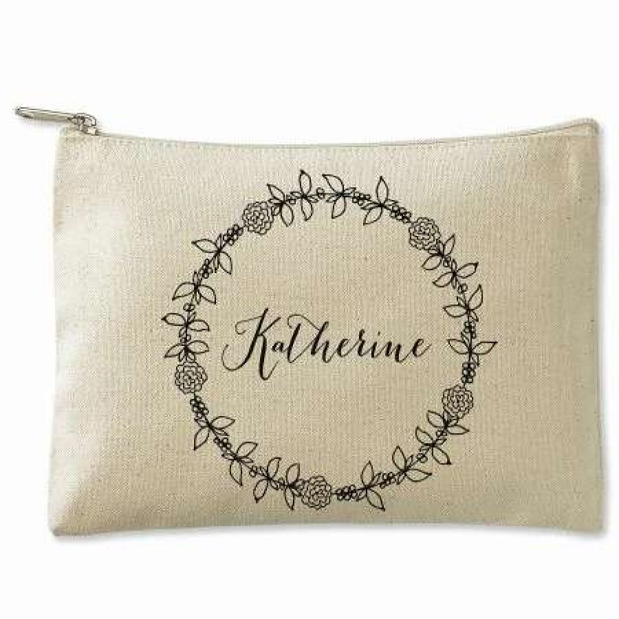 For Home * | Wreath Name Zippered Personalized Canvas Pouch